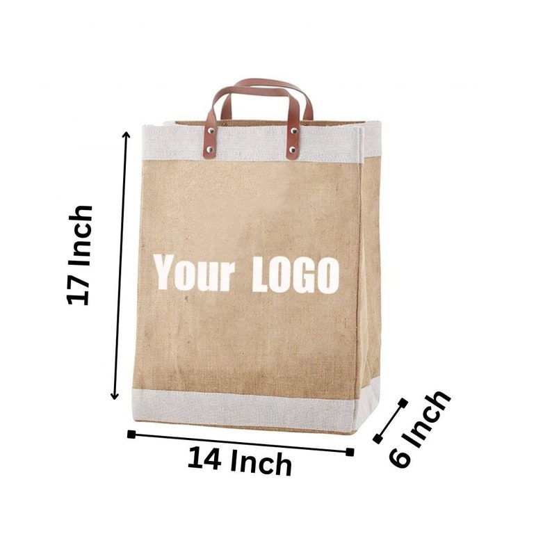 May include: A brown jute tote bag with white trim and brown leather handles. The bag is 17 inches tall, 14 inches wide, and 6 inches deep. The bag has the text "YOUR LOGO" printed on the front.