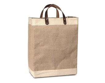 Leather Handle Jute Tote Bag: Handmade Burlap Beach Bag
