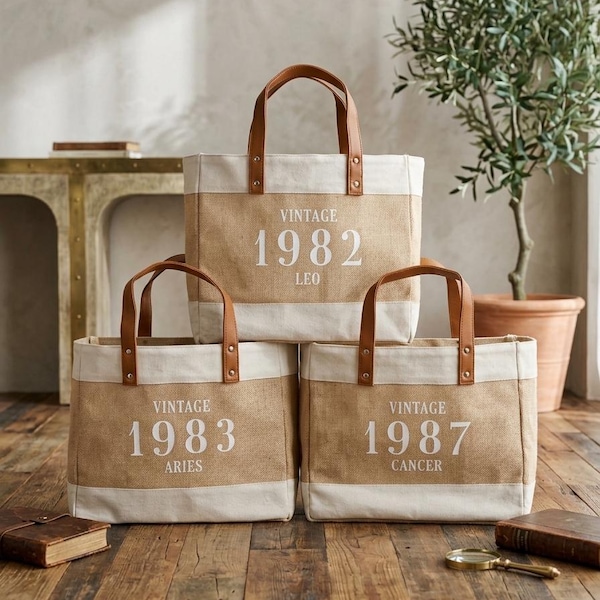 Personalized Burlap Tote Bag: Custom Printed Jute Bag with Leather Handles