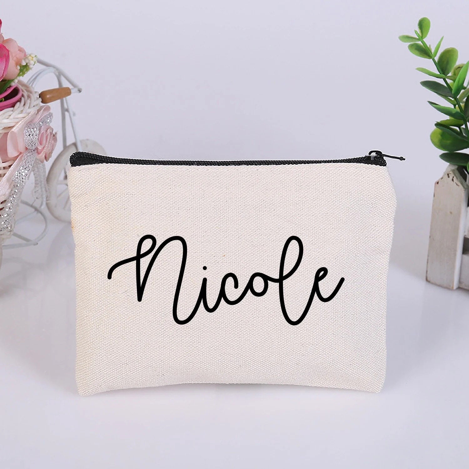 Personalisierte Leinwand Kosmetiktasche, Schminktasche für Sie, Kosmetiktasche, Federmäppchen, feine Qualität Reißverschluss Kosmetiktasche, Geschenktasche für die Braut