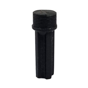 May include: A black, cylindrical object with a threaded top and a ridged, elongated body. The object appears to be made of a solid, matte material and is set against a plain white background. The top has a series of horizontal ridges.