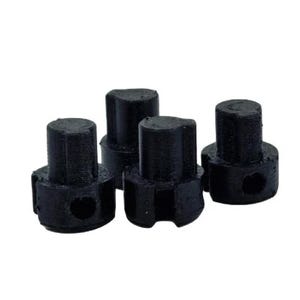 May include: Four black plastic knobs with a star-shaped design and a hole in the center. The knobs are used for furniture or other objects.