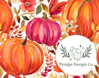 Watercolor Fall Floral Pink and Orange Pumpkins Seamless File for Personal and Commercial Use (File #1059)