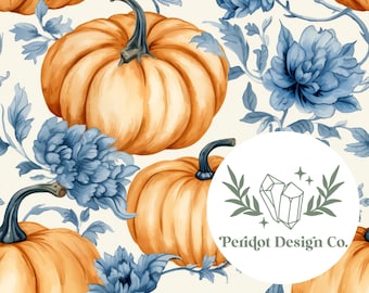Blue, Cream and Orange Chinoiserie Pumpkins Seamless File for Personal and Commercial Use (File #1066)