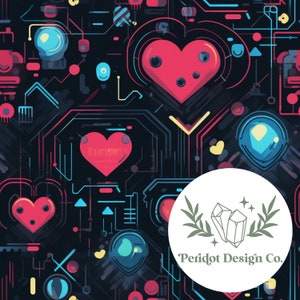 Puede incluir: Un patrón sin costuras que presenta un fondo azul oscuro con formas geométricas coloridas, incluidos corazones, círculos y triángulos. El patrón se superpone con una red de líneas, creando un efecto de placa de circuito digital. El texto "Peridot Design Co." se muestra en un círculo blanco con un diseño de hojas verdes.