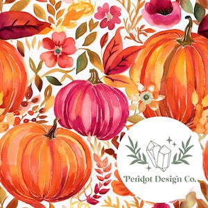 Watercolor Fall Floral Pink and Orange Pumpkins Seamless File for Personal and Commercial Use (File #1059)