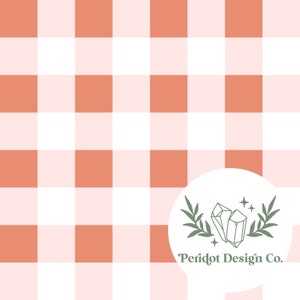Op de afbeelding: Een roze en oranje gingham achtergrond met een witte cirkel met een groene bladerrijke tak met twee kristalvormen en de tekst "Peridot Design Co."