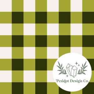 May include: A green and white gingham pattern background with a white circle containing a green leafy branch with two crystal shapes and the text "Peridot Design Co."