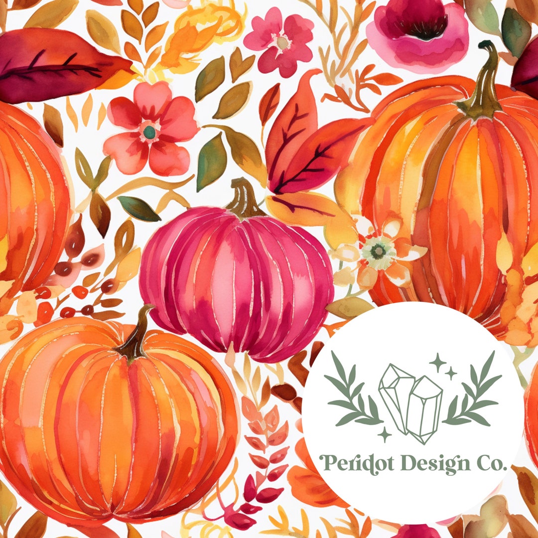 Watercolor Fall Floral Pink and Orange Pumpkins Seamless File for ...