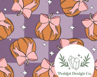 Coquette Pumpkins with Bows Puple Checker Halloween Seamless File for Personal and Commercial Use (File #1172)