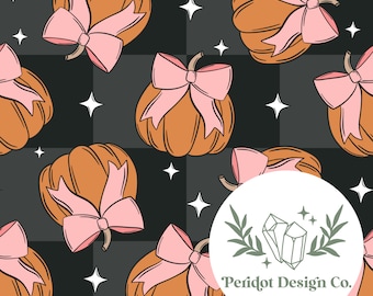 Coquette Pumpkins with Bows Black Checker Halloween Seamless File for Personal and Commercial Use (File #1171)