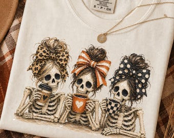 Preppy Halloween Skeleton PNG l Coquette Skull Girly Design l Spooky Girl Fall l Creepy Cute Boojee Skeleton l Halloween Coffee Lover