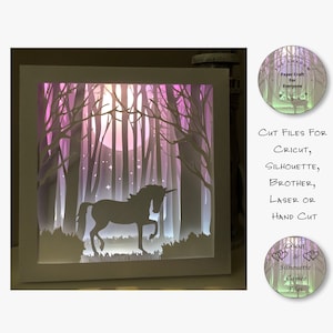 Papierschnitt Schattenbox 3D Lightbox SVG PNG Einhorn Im Wald Magische Cricut Silhouette Handschnitt Laser Karte geschnitten
