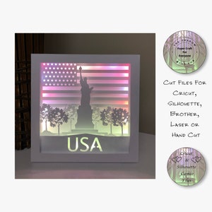 Caixa de sombra cortada em papel 3D Lightbox SVG PNG Estátua da Liberdade Cricut Silhueta Corte à mão Laser Camadas Cartão Corte Arquivos