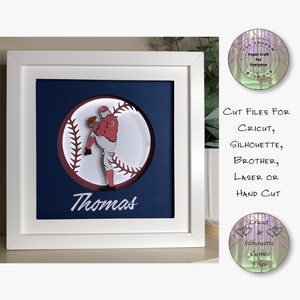 Paper Cut Shadow Box 3D Lightbox SVG PNG Baseball Player Cricut Silhouette Hand Cut Laser Layered Card Cut Files