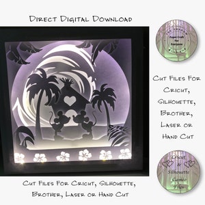 May include: A digital download of cut files for Cricut, Silhouette, Brother, laser or hand cutting. The design features Mickey and Minnie Mouse in front of a beach scene with a hut, palm trees, and a wave. The text "Cricut & Silhouette Cameo Files" is also included.