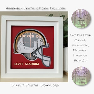 May include: A framed paper craft featuring a football helmet design with the text "LEVI'S STADIUM." The artwork is layered with red, white, gray, and gold colors. The frame is white, and the image includes the text "ASSEMBLY INSTRUCTIONS INCLUDED" and "DIRECT DIGITAL DOWNLOAD."