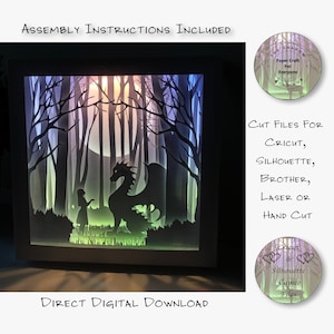 Paper Cut Shadow Box 3D Lightbox SVG PNG Dragon and the Girl In the Woods Magical Cricut Silhouette Hand Cut Laser Layered Card Cut Files