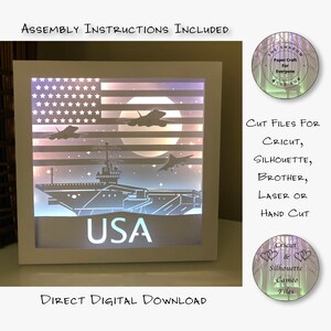 Paper Cut Shadow Box 3D Lightbox SVG PNG USA vliegdekschip silhouet Cricut silhouet handgesneden laser gelaagde kaart gesneden bestanden