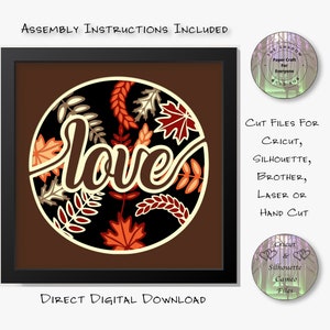 Paper Cut Shadow Box 3D Lightbox SVG PNG Autumn Leaf Love Multi Layer Cricut Silhouette Hand Cut Laser Layered Card Cut Files