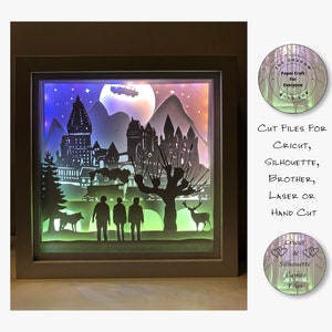 Papier découpé Shadow Box 3D Lightbox SVG PNG Wizard Cricut Silhouette découpé au laser en couches carte coupe fichiers