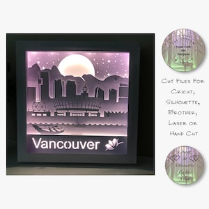 Caixa de sombra cortada em papel 3D Lightbox SVG PNG Vancouver City Canada Silhouette Cricut Silhouette Corte à mão Laser Layered Card Cut Files