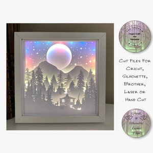 Wycinany papierowy cień 3D Lightbox SVG PNG Górski leśny domek Cricut sylwetka ręcznie wycinany laserowo warstwowy plik do wycinania kart