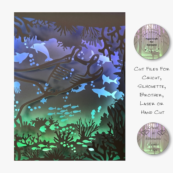 Seascape Manta Ray Shadow Box SVG, Layered Card Stock Cut Files For Cricut, Silhouette Cameo, Brother or Hand Cutting