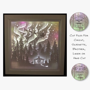 Papier découpé Shadow Box 3D Lightbox SVG PNG Aurores boréales Santa Cricut Silhouette découpé au laser en couches Carte des fichiers découpés à la main