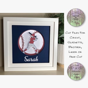 Caixa de sombra de corte de papel 3D Lightbox SVG PNG Jogador de beisebol feminino Silhueta Cricut Corte à mão Arquivos de corte de cartão em camadas a laser