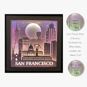 Caixa de sombra cortada em papel 3D Lightbox SVG PNG Silhueta da cidade de São Francisco Silhueta Cricut Corte à mão Arquivos de cartão em camadas a laser