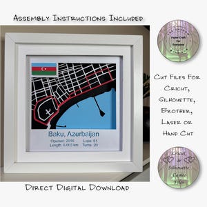 Puede incluir: Una obra de arte enmarcada del circuito de Bakú, Azerbaiyán. La obra presenta un mapa con una sección de agua azul, carreteras negras y un contorno de pista rojo. El marco es blanco y la imagen incluye el texto "Assembly Instructions Included" y "Direct Digital Download."