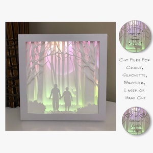 Papierschnitt Schatten Box 3D Lightbox SVG PNG Großeltern gehen im Wald Cricut Silhouette Hand geschnitten Laser Karte geschnitten
