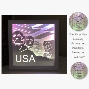 Caixa de sombra cortada em papel 3D Lightbox SVG PNG Mount Rushmore Cricut Silhouette Corte à mão Laser Layered Card Cut Arquivos