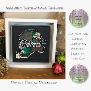 Papierschnitt Schatten Box 3D Lightbox SVG PNG Weihnachten Believe Shadow Box SVG Weihnachten Cricut Silhouette Handschnitt Laser Karte Schnitt Dateien