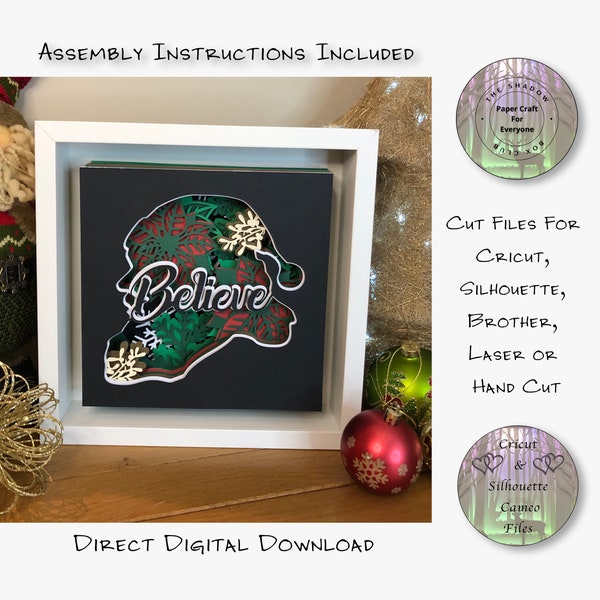Christmas Believe Shadow Box SVG, Christmas Shadow Box, 3D Layered Card Stock, Cut Files for Cricut, Silhouette, Brother Laser or Hand Cut Christmas Believe Shadow Box SVG, Christmas Shadow Box, 3D Layered Card Stock, Cut Files for Cricut, Silhouette, Brother Laser or Hand Cut