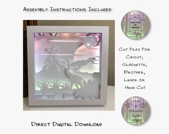 恐竜シャドウボックスSVG、PNG、PDF、カットファイル、3Dレイヤーペーパーカットライトボックスファイル（デジタルダウンロード）