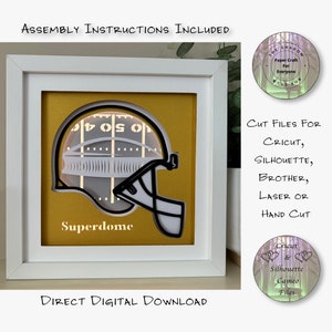May include: A white frame with a gold background and a black and white papercraft football helmet. The helmet has the words "17 OS oh" on the side. The text "Superdome" is below the helmet. The text "DIRECT DIGITAL DOWNLOAD" is below the frame. The text "CUT FILES FOR CRICUT, SILHOUETTE, BROTHER, LASER OR HAND CUT" is on the right side of the image. There are two circular images on the right side of the image. The top image has the text "THE SHADOW Paper Craft For Everyone" and the bottom image has the text "Cricut & Silhouette Cameo Files".