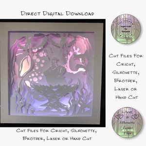 May include: A digital download of cut files for Cricut, Silhouette, Brother, laser or hand cutting. The image shows a 3D papercraft design of a mermaid in a purple and pink color scheme.