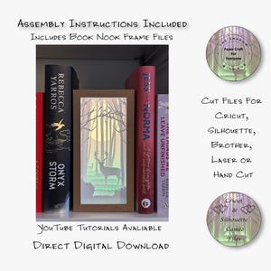 May include: A brown book nook frame with a forest scene, including a deer, trees, and a moon. The frame is displayed between books. Text on the image includes "Assembly Instructions Included" and "Direct Digital Download."