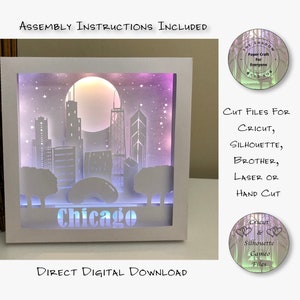 Caixa de sombra cortada em papel 3D Lightbox SVG PNG Silhueta da cidade de Chicago Silhueta Cricut Corte à mão Arquivos de cartão em camadas a laser