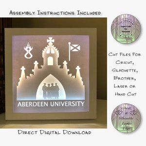 Scatola di ombre in carta tagliata Scatola luminosa 3D SVG PNG Università di Aberdeen Cricut Silhouette Taglio a mano File di taglio laser a strati