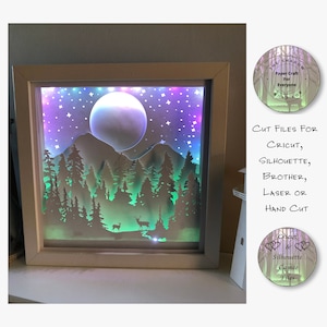 Scatola di ombre in carta tagliata Scatola luminosa 3D SVG PNG Cervo nella foresta Silhouette Cricut Taglio a mano File di taglio laser a strati