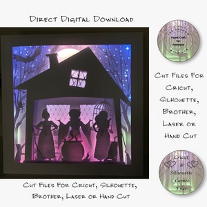 May include: A digital download of cut files for a paper craft project featuring three witches in front of a house with a cauldron. The image is lit from behind, creating a glowing effect. The text "CUT FILES FOR CRICUT, SILHOUETTE, BROTHER, LASER OR HAND CUT" is visible at the bottom of the image.
