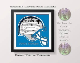 Caja de sombras del estadio Ford Field de Detroit, Michigan, caja de luz recortada en papel SVG, PNG, PDF, archivos de corte (descarga digital)