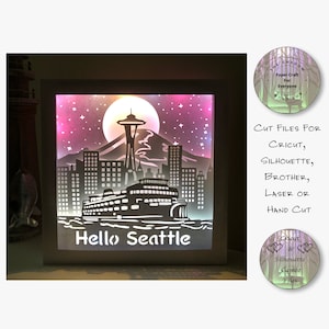 Caixa de sombra cortada em papel 3D Lightbox SVG PNG Silhueta da cidade de Seattle Silhueta Cricut Corte à mão Arquivos de cartão em camadas a laser