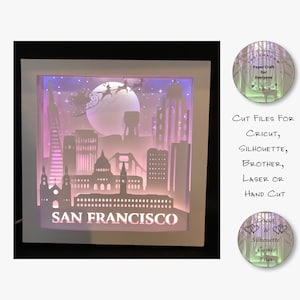 Caixa de sombra cortada em papel 3D Lightbox SVG PNG Santa Over San Francisco Cricut Silhouette Corte à mão Laser Layered Card Cut Arquivos