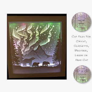 Papier découpé Shadow Box 3D Lightbox SVG PNG Aurore boréale les aurores boréales Cricut Silhouette découpé au laser en couches carte coupe fichiers à la main