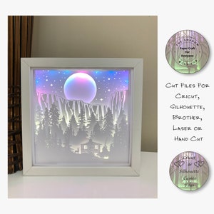 Wycinany papierowy cień 3D Lightbox SVG PNG Górski leśny domek Cricut sylwetka ręcznie wycinany laserowo warstwowy plik do wycinania kart