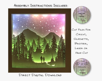 Plantilla de caja de luz recortada en papel con diseño de bosque de montaña SVG PNG (descarga digital)